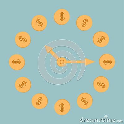 Dollar coins clock. Blue background. Cartoon Illustration