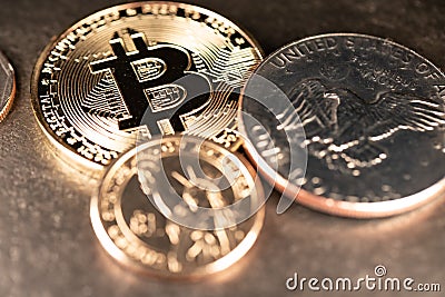 Dollar coins surrounding a Gold Bitcoin. Digital Crypto Currency with US Dollar Coins. Trading and Price of Crypto in USD Editorial Stock Photo