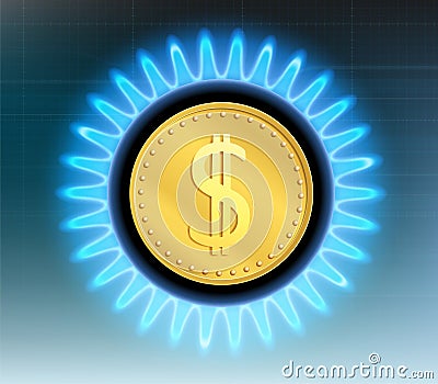 Dollar currency coin inside a blue flame stove Vector Illustration