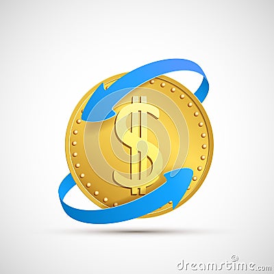 Dollar currency sign on golden coin. Stock exchange and remittance Vector Illustration