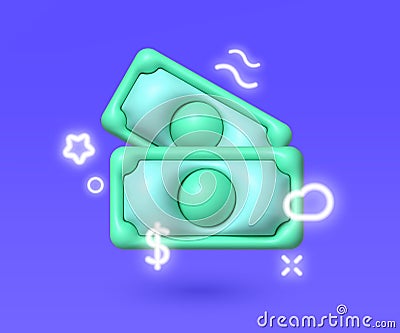 Dollar 3d in Neon cartoon style. 3d render, 3d illustration. Money, finance, budget concept. Minimal cartoon. Money Vector Illustration