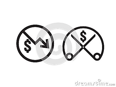 dollar decrease icon. Money rising drop fall down symbol. Business scissor cut cost reduction icon in white background. vector ill Vector Illustration