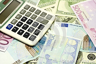 Dollar, euro banknotes, calculator Stock Photo