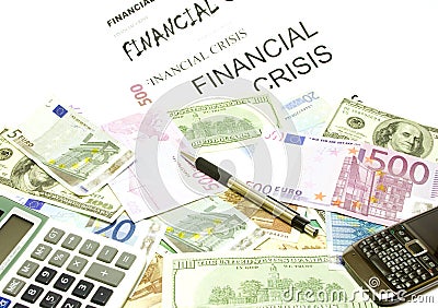 Dollar, euro banknotes, calculator, pen, cellphone Stock Photo