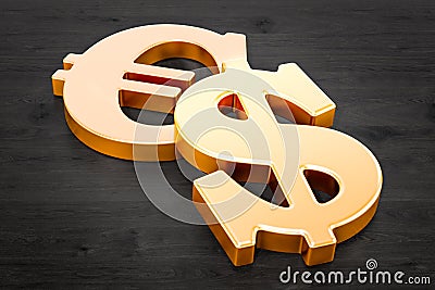 Dollar and euro golden symbols on the wooden table, 3D rendering Stock Photo