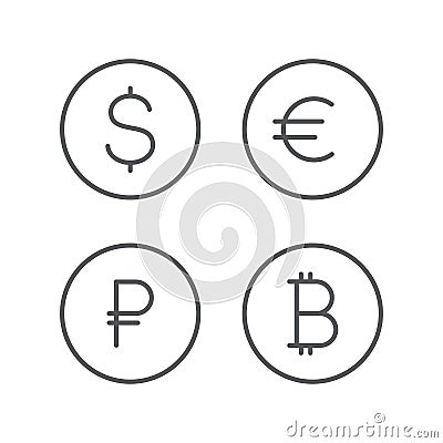 Dollar, euro, ruble, bitcoin icons. Currency sign set. Money cash isolated on background Vector Illustration