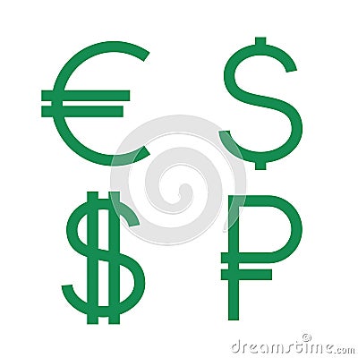 Dollar, euro, ruble icons. Currency sign set. Money cash isolated on background. Flat green symbols Vector Illustration