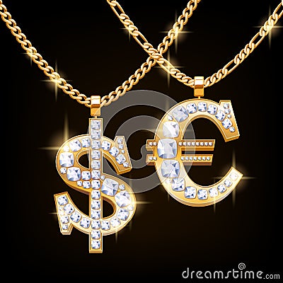 Dollar and euro sign jewelry necklace on golden chain Vector Illustration