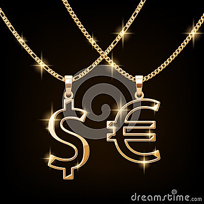 Dollar and euro sign jewelry necklace on golden chain Vector Illustration