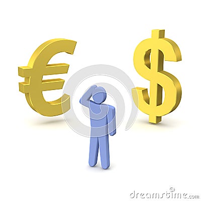 Dollar, Euro and thinking man Cartoon Illustration