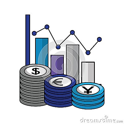 Dollar euro and yen business statistics bars Vector Illustration