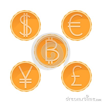 Dollar, euro, yen, pound bitcoin golden coins, different currencies, vector money illustration Vector Illustration