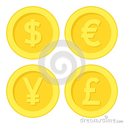 Dollar Euro Yen Pound Golden Coin Flat Icon Vector Illustration