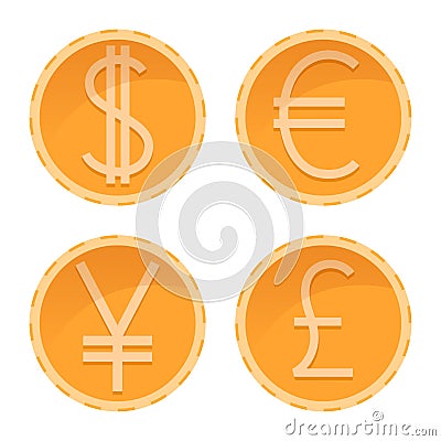 Dollar, euro, yen, pound golden coins, different currencies, vector money illustration Vector Illustration