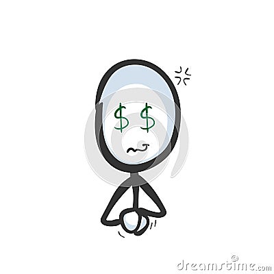 Dollar eyes greedy man. Vector simple want money, jealous materialistic person. Stickman cartoon clipart. Hand drawn. Doodle Cartoon Illustration