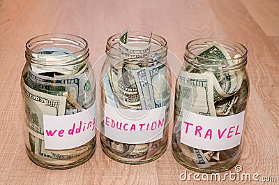 Dollar in glass jar with house, car, education, wedding travel label financial concept Stock Photo