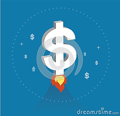 Dollar icon rising as a rocket increase value on international financial markets symbol, business concept Vector Illustration