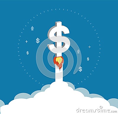 Dollar icon rising as a rocket increase value on international financial markets symbol, business concept Vector Illustration