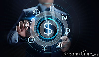 Dollar icon on screen. Currency trading rate Forex Business concept. Stock Photo