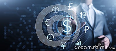 Dollar icon on screen. Currency trading rate Forex Business concept. Stock Photo