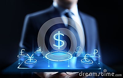 Dollar icon on screen. Currency trading rate Forex Business concept. Stock Photo