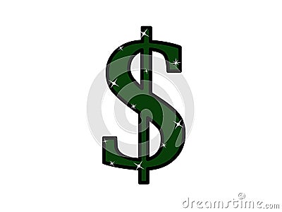 Dollar icon, symbol, poster. Element logo illustration with glitter. Green object. Web sticker, banner Vector Illustration