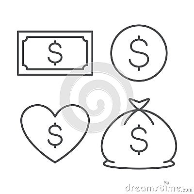 Dollar icons set. Currency sign. Money cash isolated on background. Coin, bag and note. Love of wealth Vector Illustration