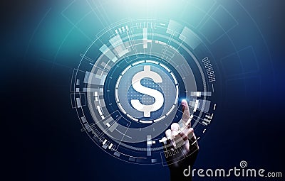 Dollar icons on virtual screen. Currencies Forex trading and financial market concept. Digital banking and growth. Stock Photo