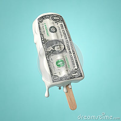 Dollar inflation and depreciation concept. Melting ice cream with a dollar bill Cartoon Illustration