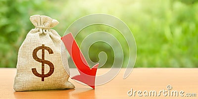 Dollar money bag and red arrow down. Economic decline. Depreciation of national currency. Devaluation. Crisis and economic shock. Stock Photo