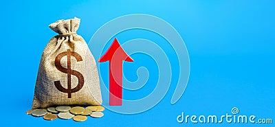 Dollar money bag with red arrow up. Increase in profitability and prosperity, higher living standards. Deposit interest. Recovery Stock Photo