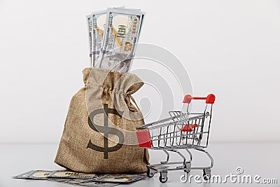 Dollar money bag and a shopping cart isolated on white background. Loans and microloans concept Stock Photo