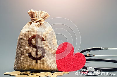 Dollar money bag and stethoscope. Health life insurance and financing concept. Funding healthcare system. Reforming and preparing Stock Photo