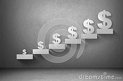 Dollar money currency sign from small to big size on staircase on grey background Stock Photo