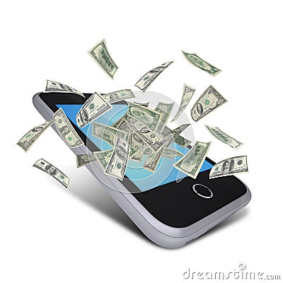 Dollar notes flying around the smart phone Stock Photo