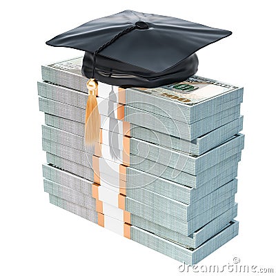 Dollar packs with graduation cap. Savings for education concept, 3D rendering Stock Photo