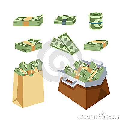 Dollar paper business finance money stack in bag of bundles us banking edition and banknotes bills isolated wealth sign Vector Illustration