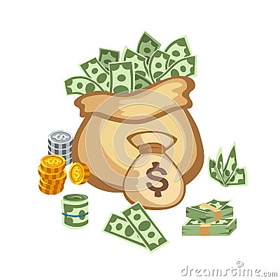 Dollar paper business finance money stack in bag of bundles us banking edition and banknotes bills isolated wealth sign Vector Illustration