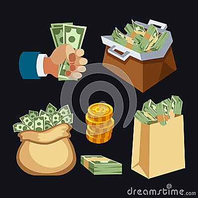 Dollar paper business finance money stack in bag of bundles us banking edition and banknotes bills isolated wealth sign Vector Illustration