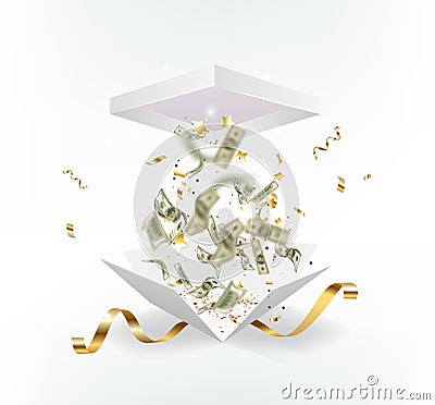 Dollar paper currency explosion and flying out the box. Win money prizes vector banner. Vector Illustration