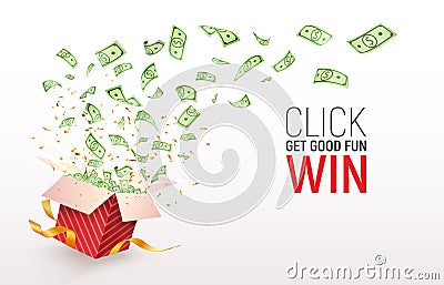 Dollar paper currency explosion and flying out the box. Win money prizes vector banner. Gambling advertising Vector Illustration