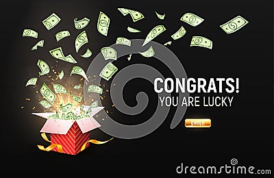 Dollar paper currency explosion outbox. Win money prizes vector banner. Gambling advertising illustration. Red gift box Vector Illustration