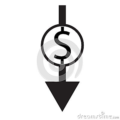 Dollar rate decrease icon on white background. flat style. lower cost icon for your web site design, logo, app, UI. business loss Stock Photo