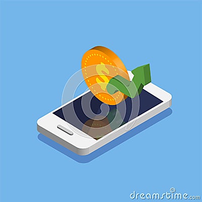 Dollar rise or increase phone isometric. Vector Illustration