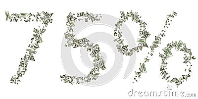 Dollar sign. American money number 75. Cash white background, us bill. Money falling. Stock Photo