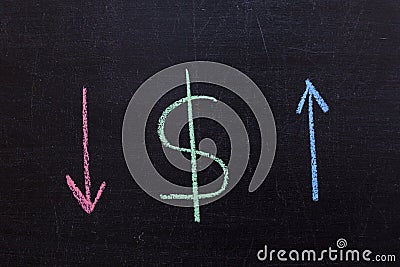 Dollar sign on a chalkboard, drop and rise arrows Stock Photo