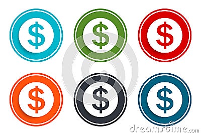 Dollar sign icon flat vector illustration design round buttons collection 6 concept colorful frame simple circle set Vector Illustration