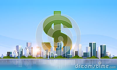Dollar sign money business finance rich success concept over big modern city building skyscraper cityscape skyline flat Vector Illustration