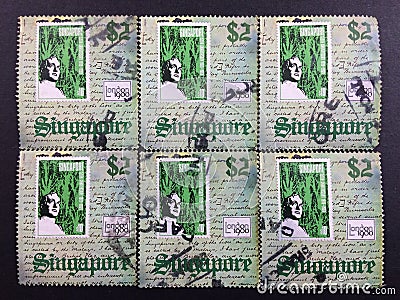 2 dollar singapore 1980 London used postage stamp Editorial Stock Photo