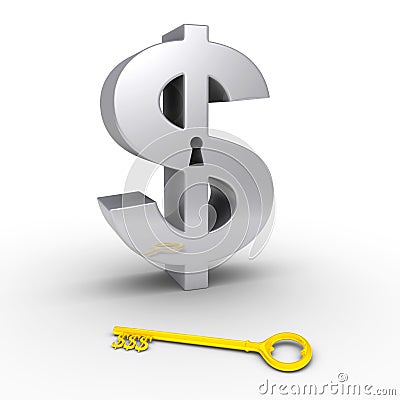 Dollar symbol with keyhole and key on the ground Stock Photo